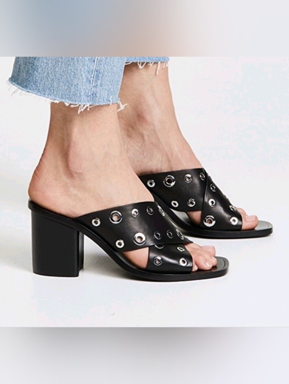 rag & bone Paige Slides Black Leather Grommet Block Heel Mules EU 39.5